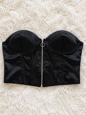 Love By Design Black Satin Bustier Crop Top with Front Zip